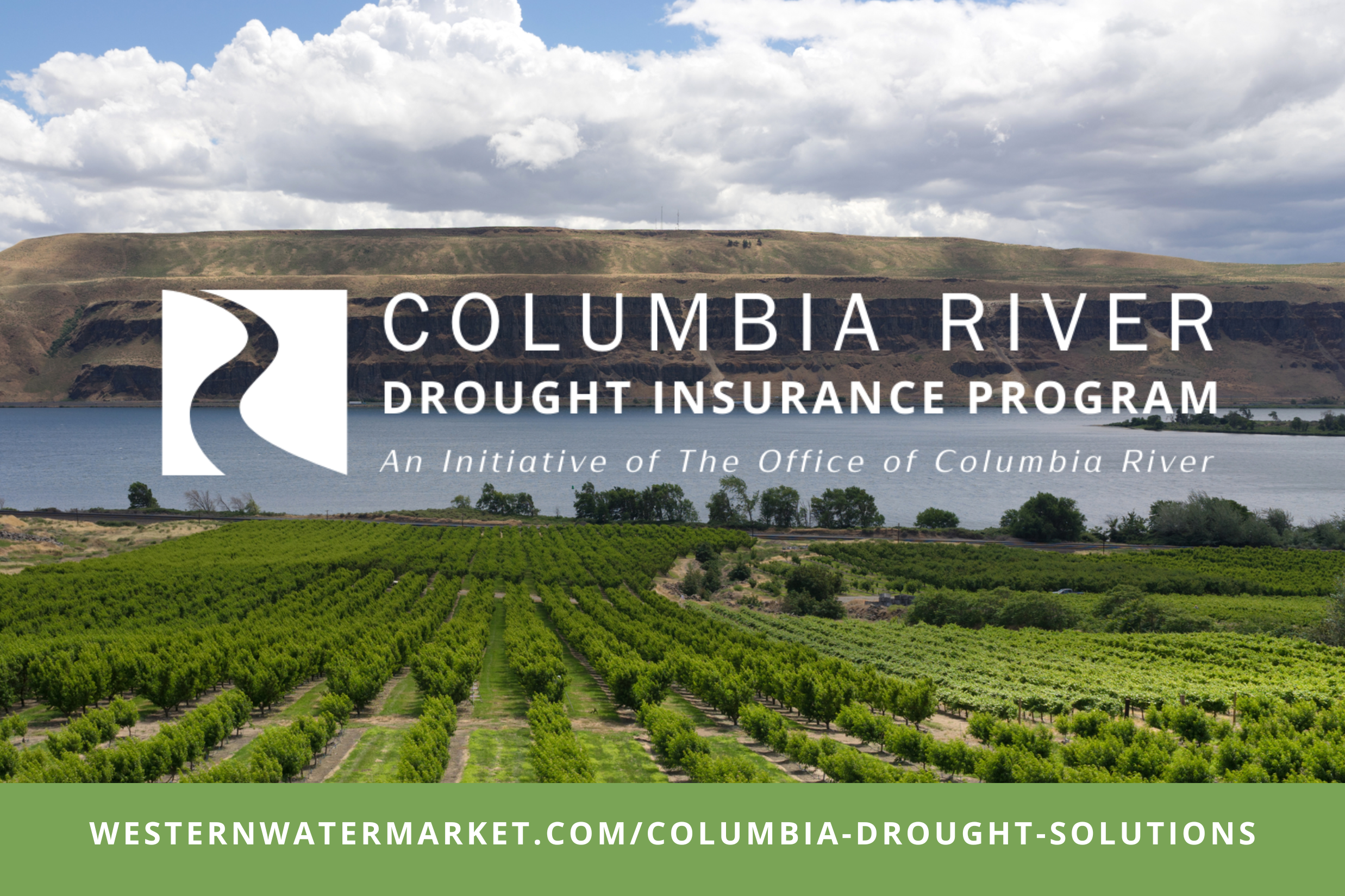 Rows of a green orchard alongside the Columbia River on a clear day. Text over the image reads
